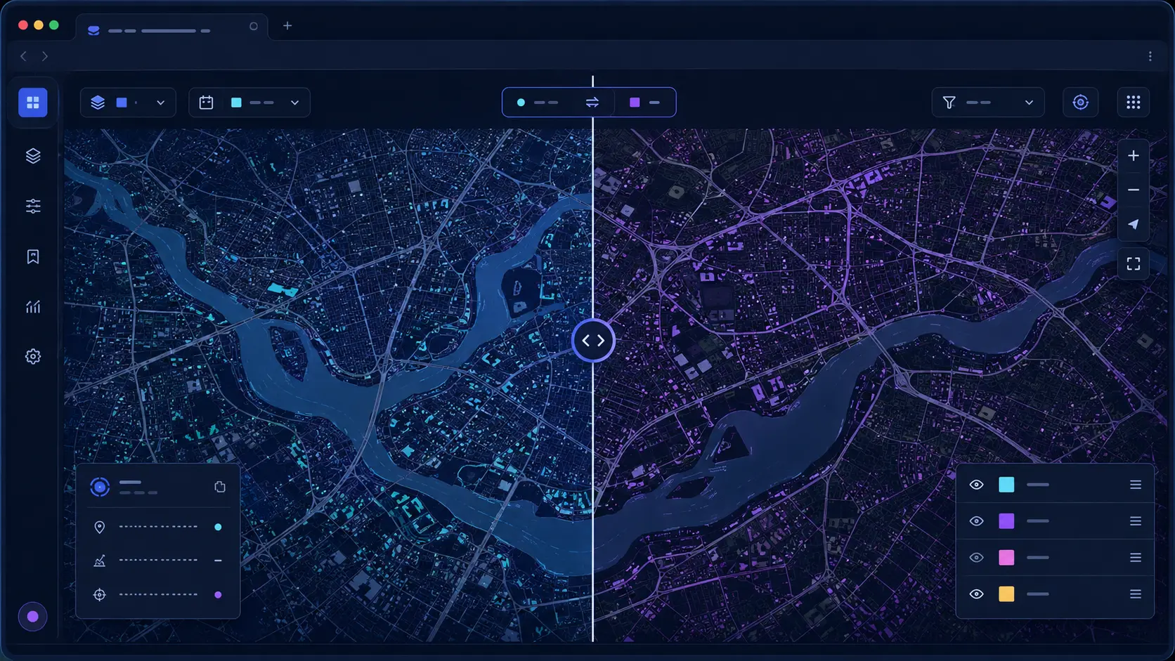 Midnight map interface comparing two geospatial layers with a draggable vertical swipe control